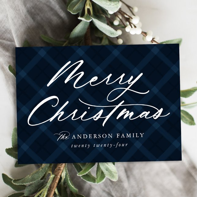 Navy Brushed Plaid Merry Christmas Non-Photo Holiday Card (Creator Uploaded)