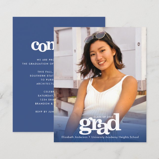 Navy budget graduation photo modern invitation  (Front/Back)