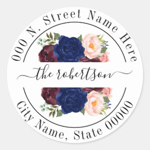 Navy burgudy floral boho chic return address classic round sticker