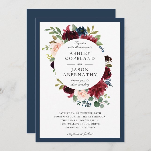 Navy, Burgundy and Blush Framed Floral Wedding Invitation (Front/Back)