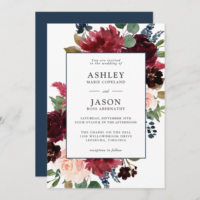 Navy, Burgundy and Blush Watercolor Floral Wedding Invitation (Front/Back)