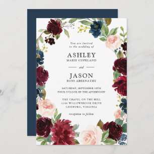 Navy, Burgundy and Blush Watercolor Floral Wedding Invitation
