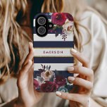 Navy Burgundy and Gold Boho Floral Stripe Monogram iPhone 16 Case<br><div class="desc">Custom monogrammed phone cases personalised with your name or other text. This trendy boho design features a watercolor floral border in rustic fall colours on a navy and white striped background with faux gold foil accent. Use the design tools to choose any background colour, change text fonts and colours or...</div>