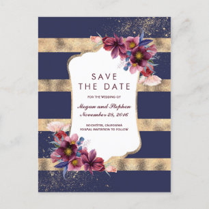 Navy Burgundy and Gold Floral Save the Date Announcement Postcard