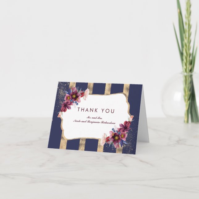 Navy Burgundy and Gold Floral Stripes Thank You Card (Front)