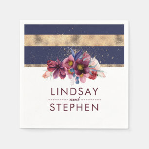 Navy Burgundy and Gold Floral Stripes Wedding Napkin