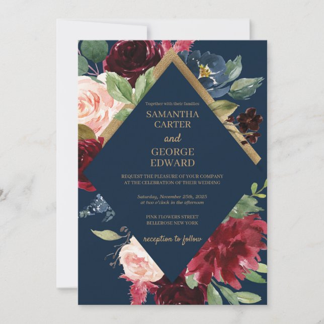 Navy burgundy and gold foil boho winter wedding invitation (Front)