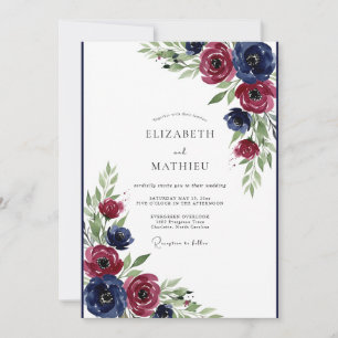 Navy Burgundy Artistic Bloom Wedding Invitation