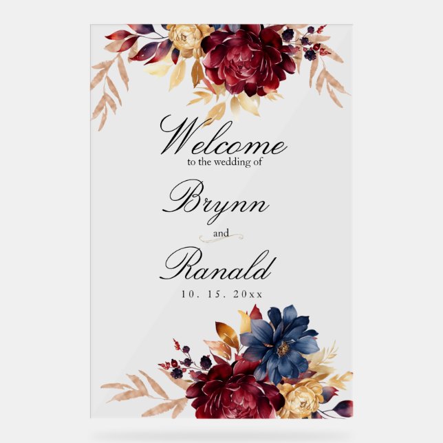 Navy Burgundy Autumn Watercolor Floral Acrylic Sign (Front)