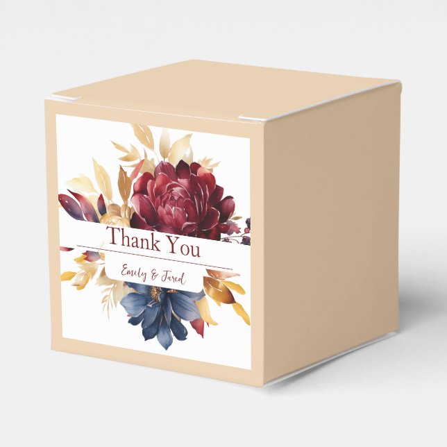 Navy Burgundy Autumn Watercolor Floral Favour Box (Front Side)