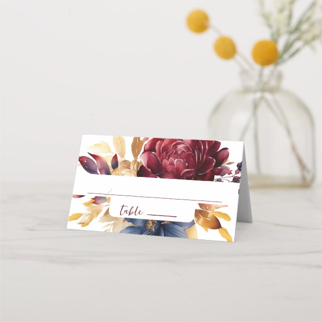 Navy Burgundy Autumn Watercolor Floral Place Card (Front)