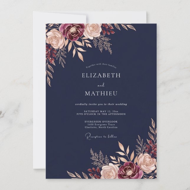 Navy Burgundy Bloom Romance Wedding Invitation (Front)