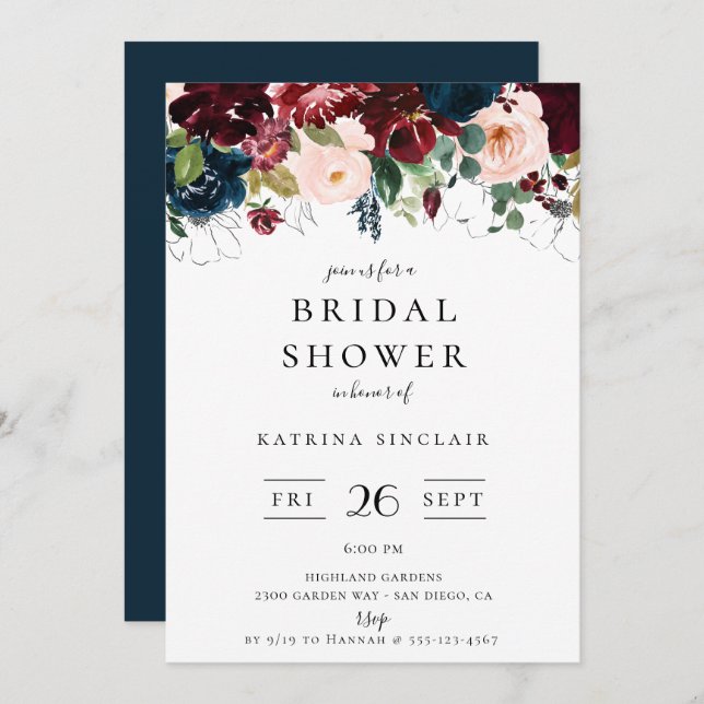 Navy Burgundy Blush Fall Floral Bridal Shower Invitation (Front/Back)