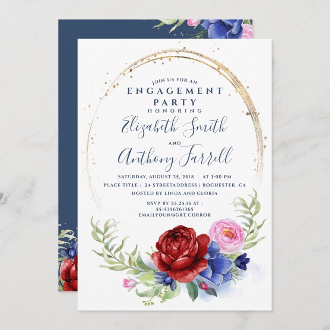 Navy Burgundy Blush Floral Engagement Party Invitation (Front/Back)