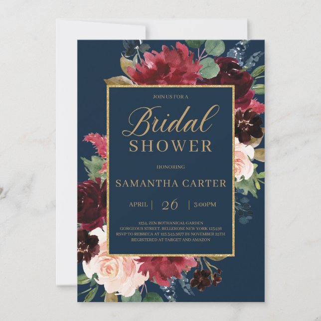 Navy burgundy blush floral gold bridal shower invitation (Front)