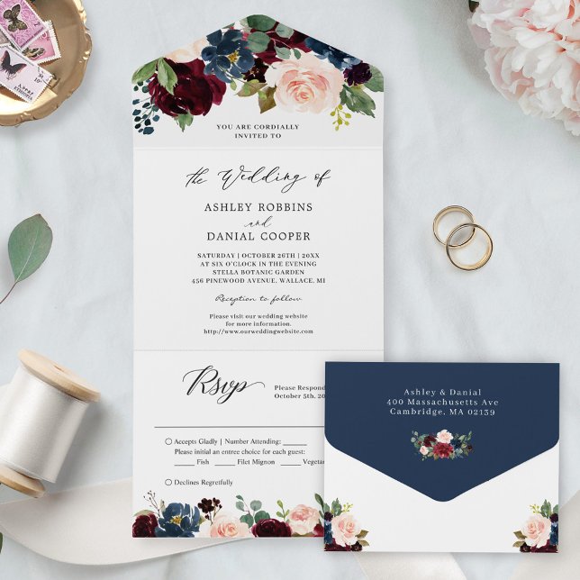 Navy Burgundy Blush Floral Wedding Details RSVP All In One Invitation (Creator Uploaded)