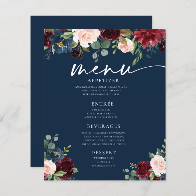 Navy Burgundy Blush Floral Wedding Flat Menu (Front/Back)