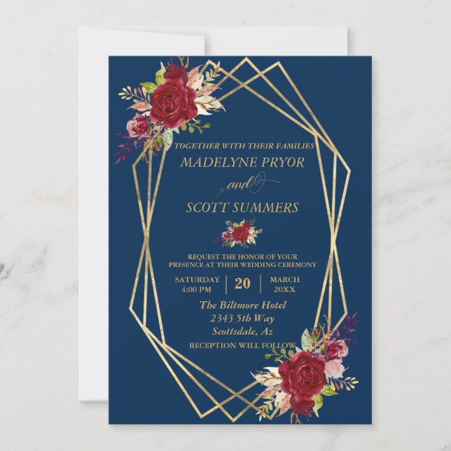 Navy Burgundy Blush Gold Frame Gold Wedding Modern Invitation (Front)