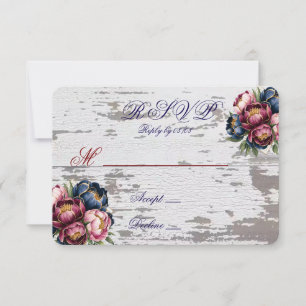Navy Burgundy Blush Pink Peony Gold Wedding RSVP Card