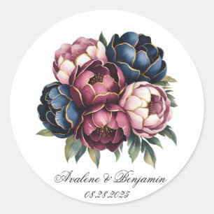 Navy Burgundy Blush Pink Peony Wedding Classic Round Sticker