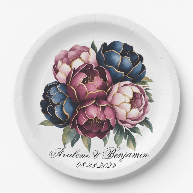 Navy Burgundy Blush Pink Peony Wedding Paper Plate (Front)