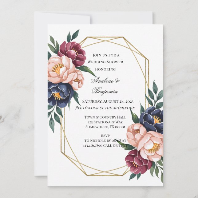 Navy Burgundy Blush Pink Peony Wedding Shower Invitation (Front)
