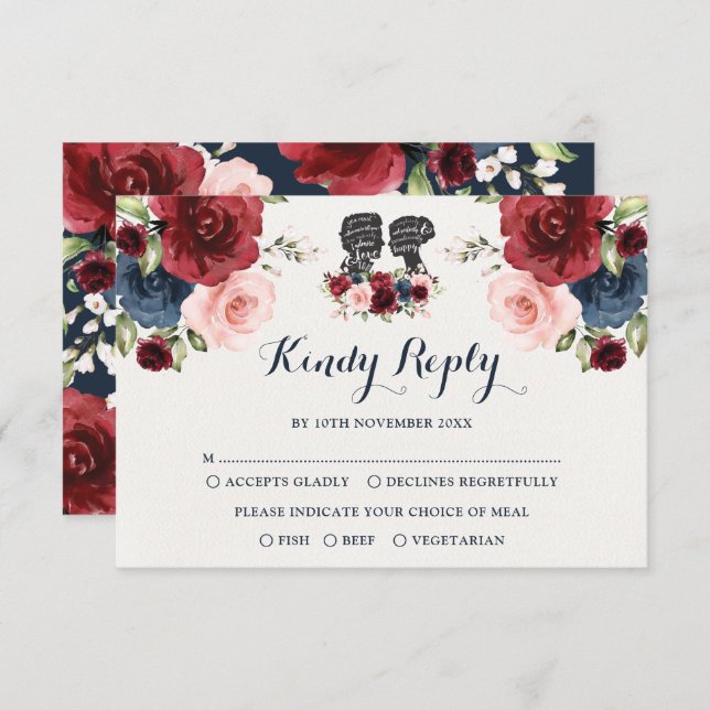 Navy Burgundy Blush Watercolor Flower Wedding RSVP Card (Front/Back)