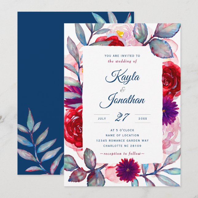 Navy Burgundy Blush Wedding Watercolor Floral Invitation (Front/Back)