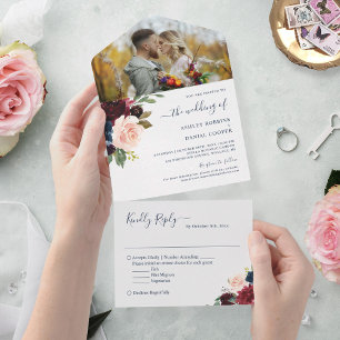 Navy Burgundy Botanical Floral Wedding Photo All In One Invitation