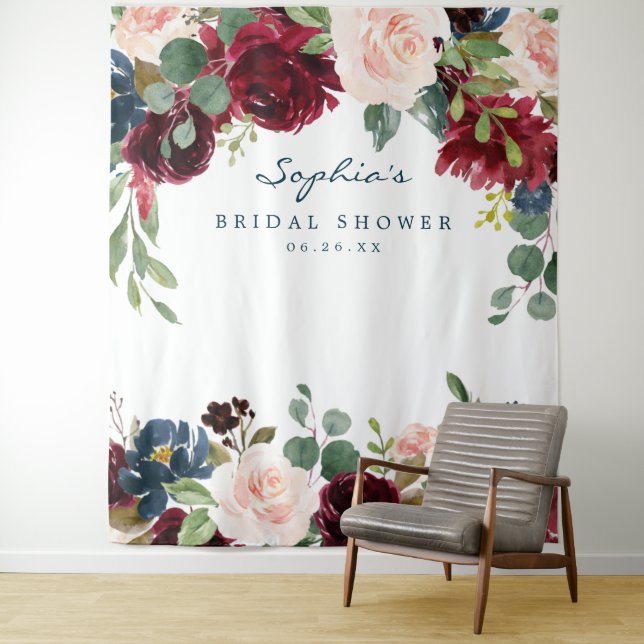Navy Burgundy Bridal Shower Decor Backdrop Tapestry (In Situ)