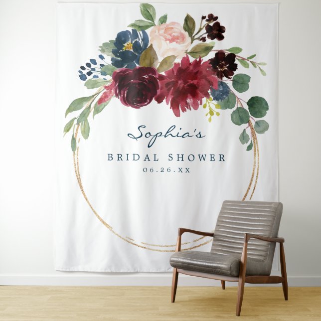 Navy Burgundy Bridal Shower Decor Backdrop Tapestry (In Situ)
