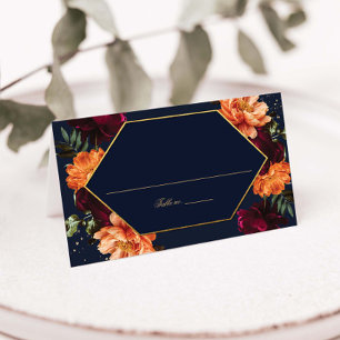 Navy Burgundy Burnt Orange Peonies Floral Wedding Place Card