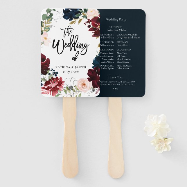 Navy Burgundy Fall Floral Wreath Wedding Hand Fan (Front and Back)