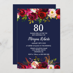 Navy Burgundy Floral 80th Birthday Party Invite