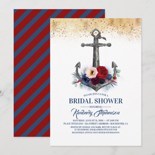 Navy Burgundy Floral Anchor Nautical Bridal Shower Invitation (Front/Back)