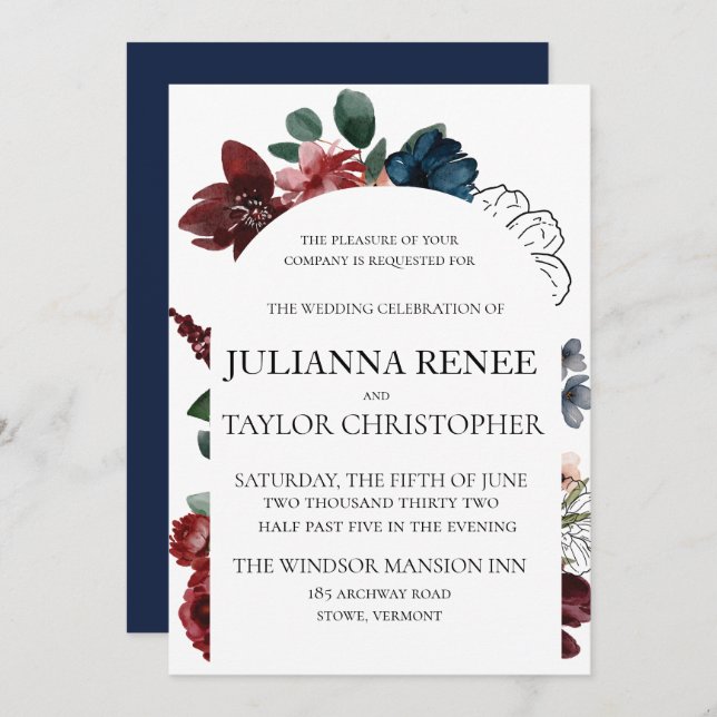 Navy & Burgundy Floral Arch Wedding Invitation (Front/Back)