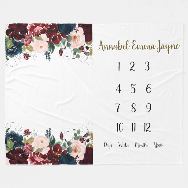Navy, burgundy floral Baby 1st year Milestone  Fle Fleece Blanket (Front (Horizontal))