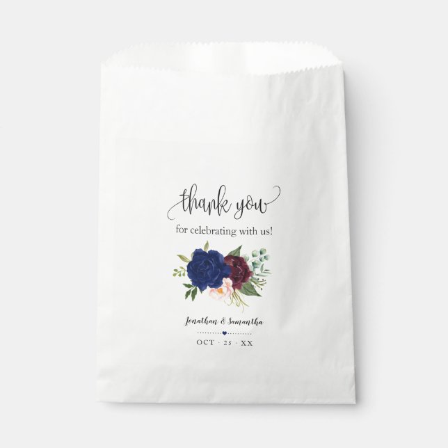 Navy burgundy floral boho chic party wedding favour bags (Front)