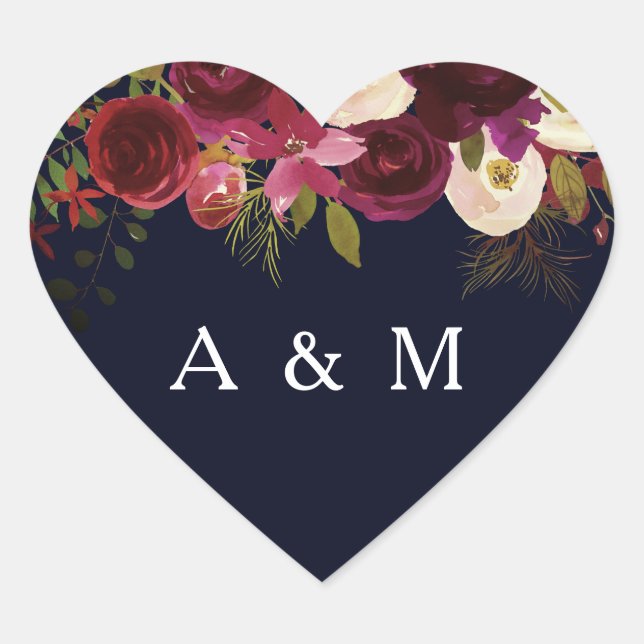 Navy & Burgundy Floral Boho Wedding name favour Heart Sticker (Front)