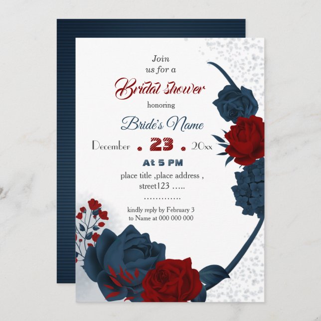 navy & burgundy floral botanical bridal shower invitation (Front/Back)