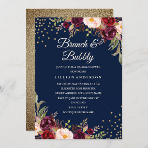 Navy Burgundy Floral Confetti Brunch and Bubbly Invitation