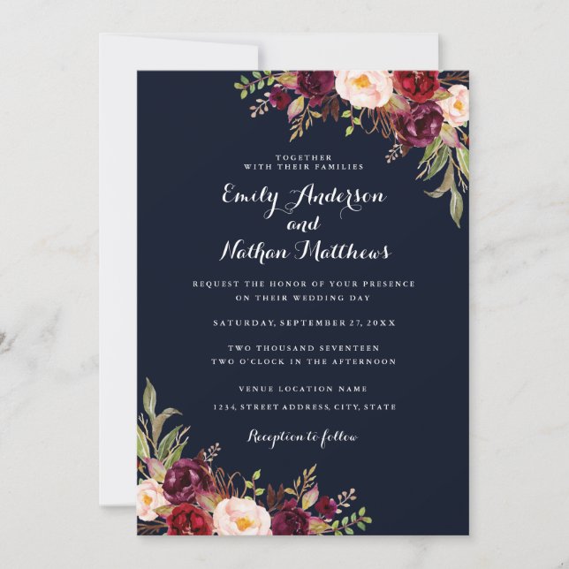 Navy Burgundy Floral Fall Wedding Invitation (Front)