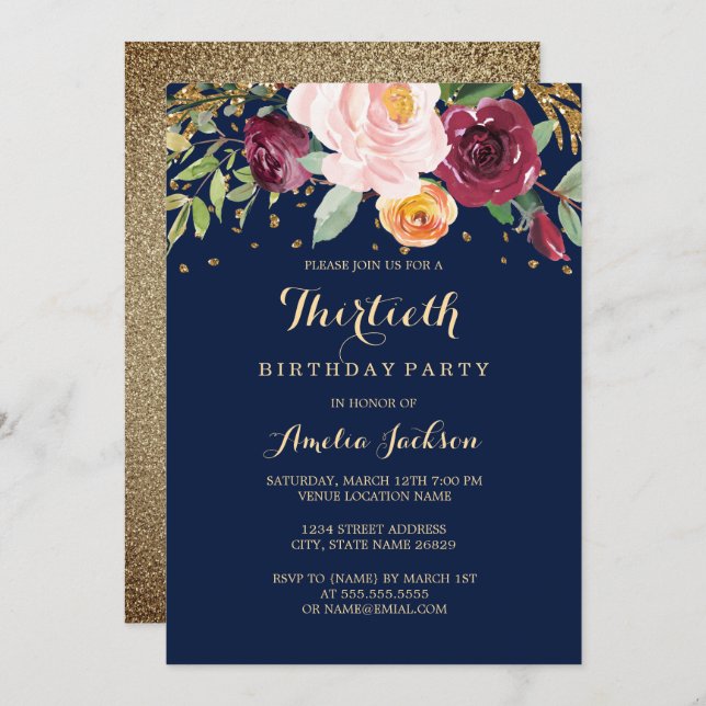Navy Burgundy Floral Glitter 30th Birthday Party Invitation (Front/Back)