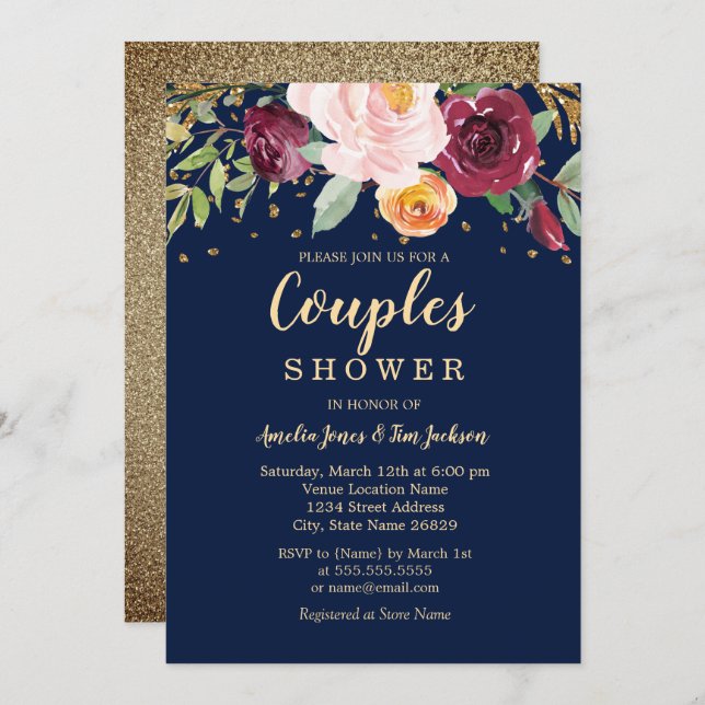 Navy Burgundy Floral Glitter Couples Shower Invitation (Front/Back)