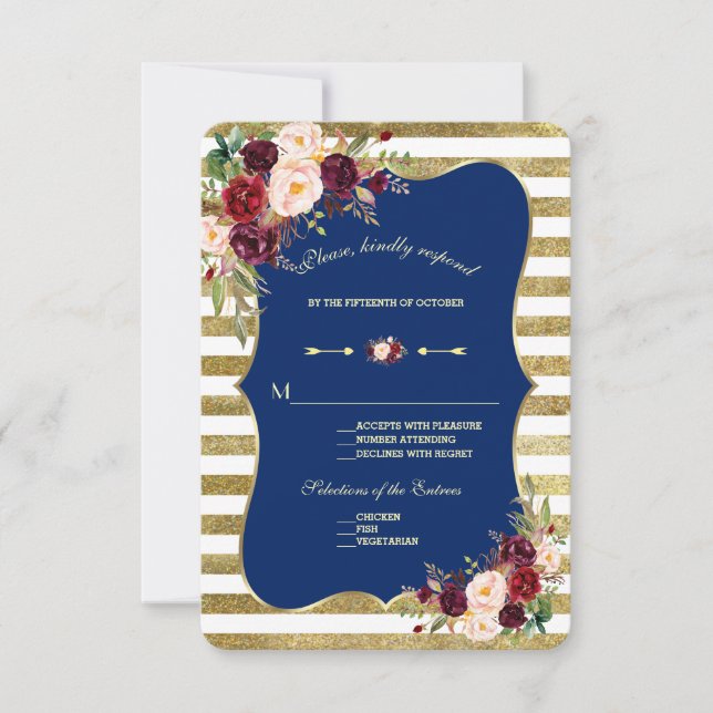 Navy Burgundy Floral Gold Glitter Stripes RSVP (Front)
