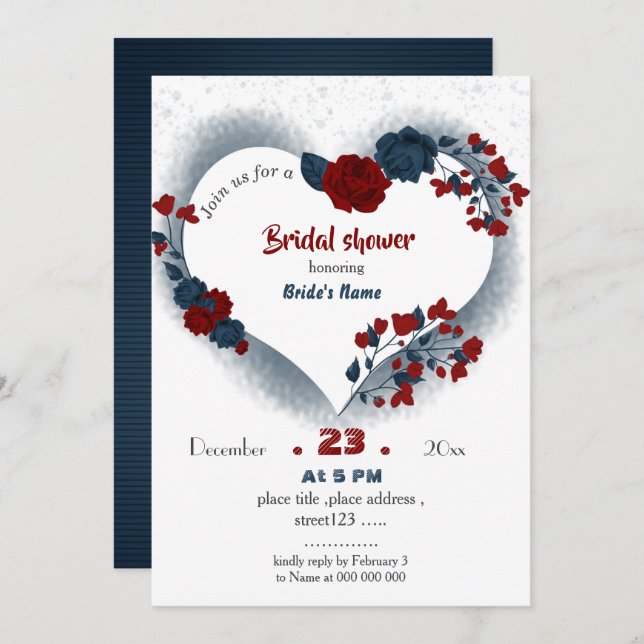 navy & burgundy floral heart bridal shower invitation (Front/Back)