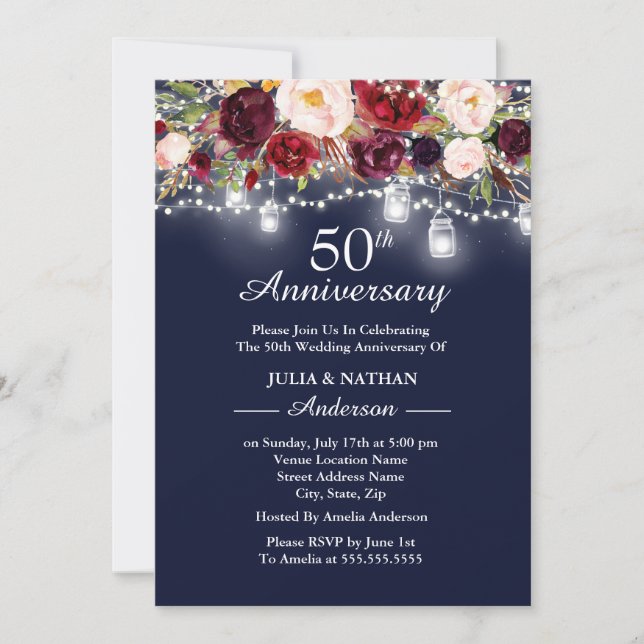 Navy Burgundy Floral Lights 50th Anniversary Invitation (Front)