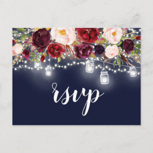 Navy Burgundy Floral Mason Jar String Lights RSVP Invitation Postcard