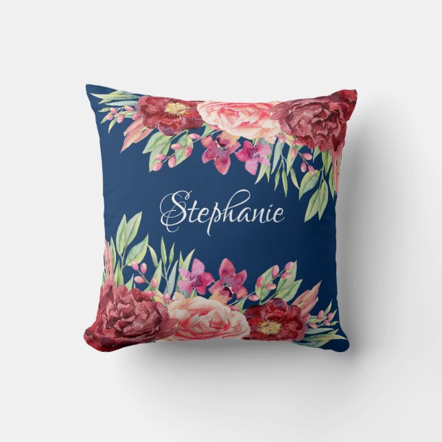 Navy Burgundy Floral Name Monogram Cushion (Front)