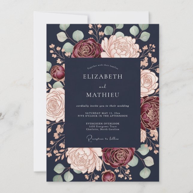 Navy Burgundy Floral Romantic Wedding Invitation (Front)